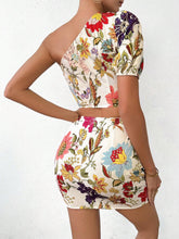 Women's Floral Print One Shoulder Short Puff Sleeve Top And Pleated Mini Skirt Set